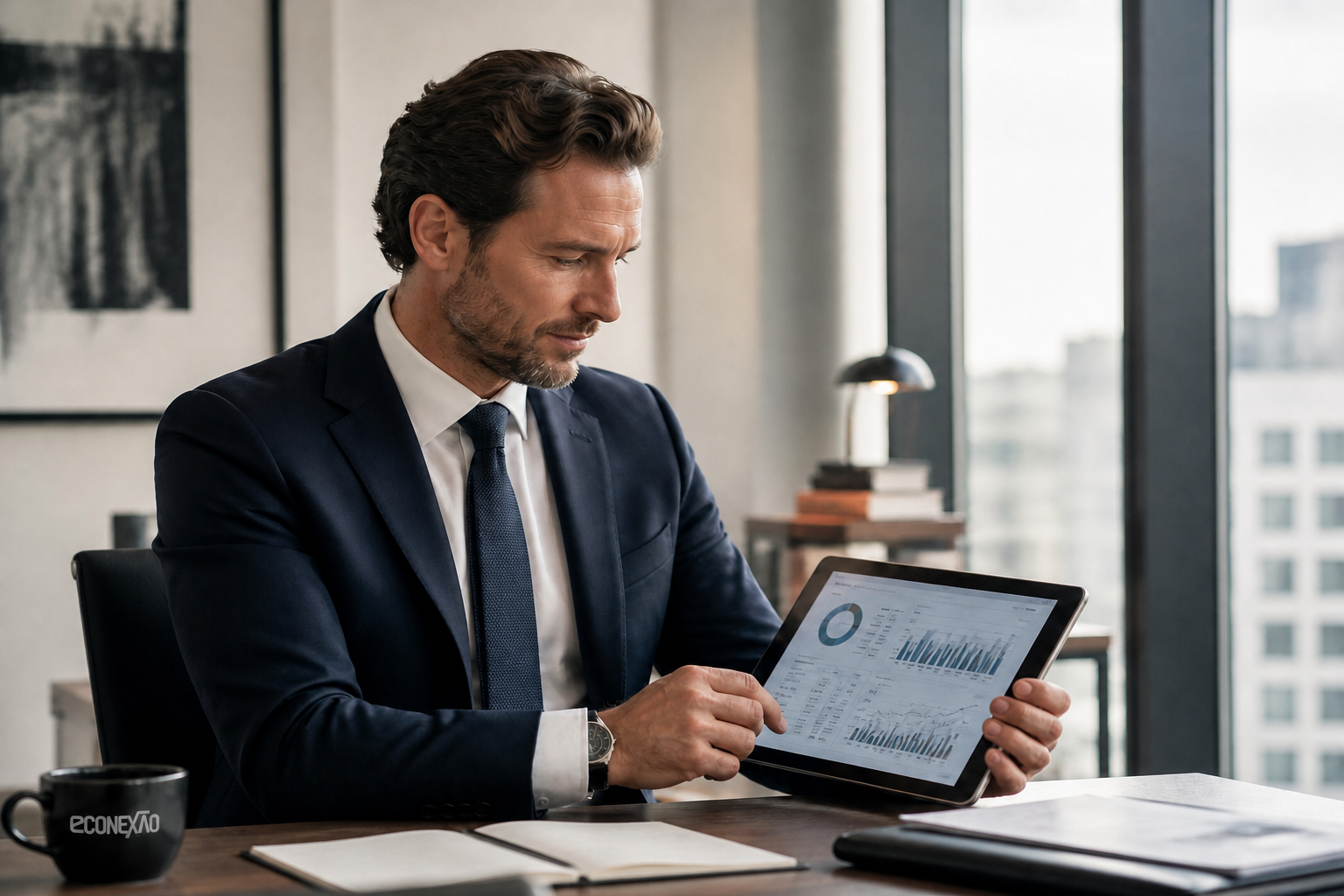 Executivo analisando dashboard financeiro em tablet