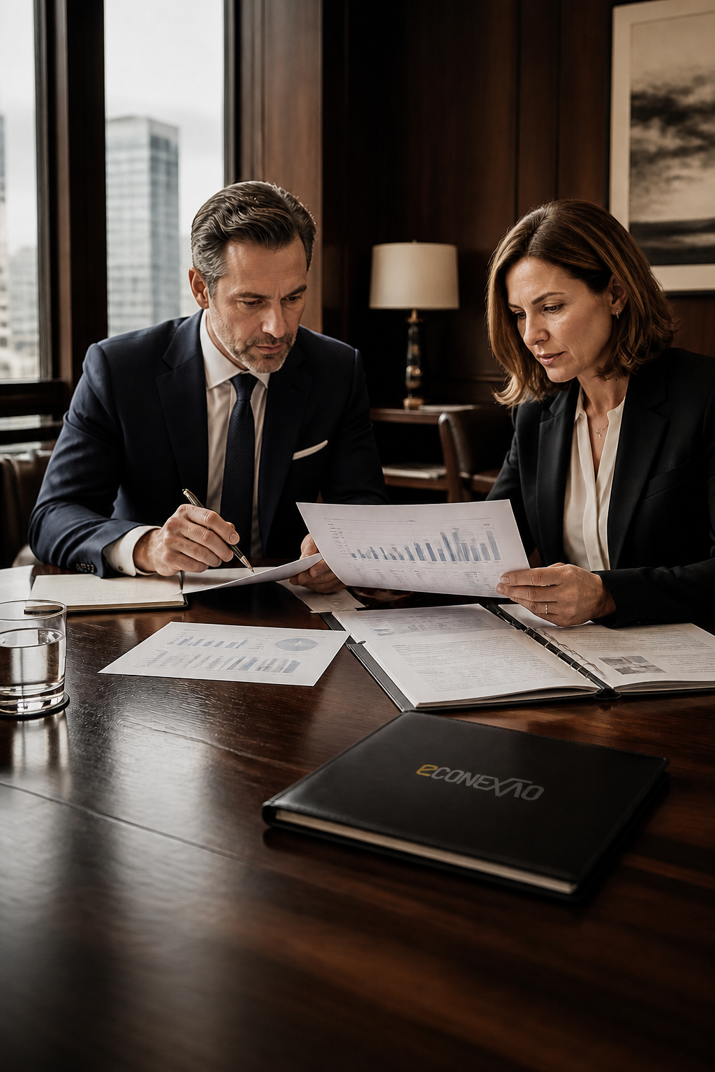 Executivos analisando relatórios financeiros em sala de reunião