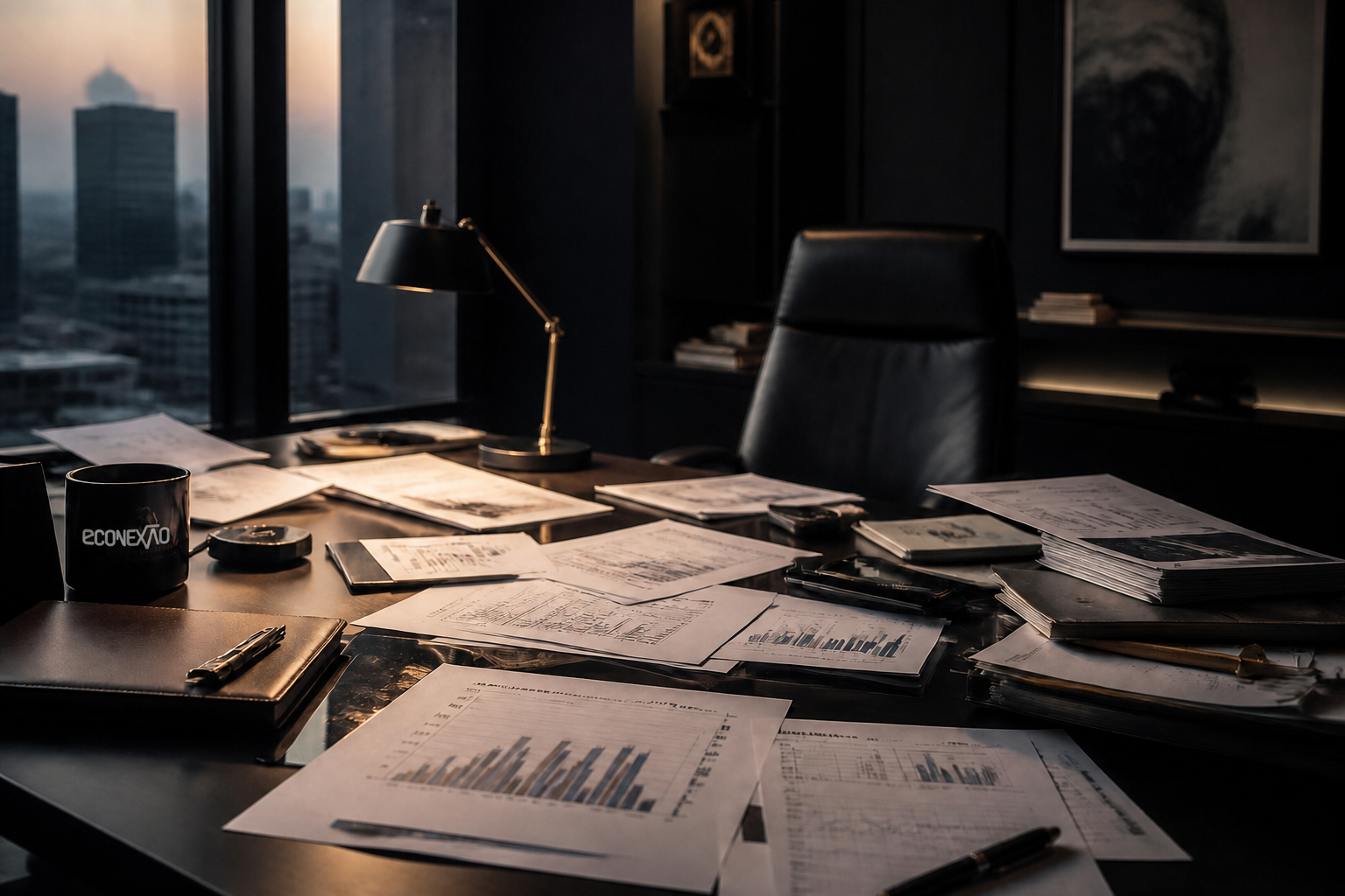 Escritório executivo com relatórios financeiros desorganizados